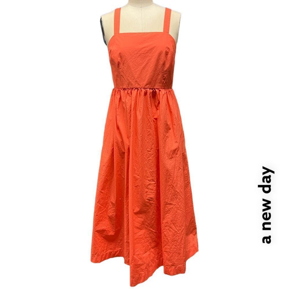 💖 A NEW DAY square neck elastic back with pockets coral midi dress + size XS